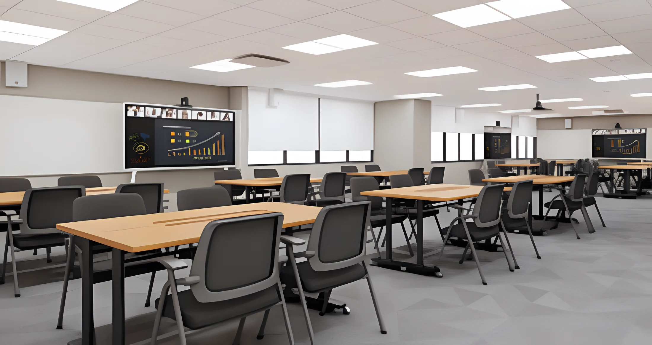 A design render of a seminar room at the NUS Centre for Teaching, Learning and Technology, with tables in groups and ClassIn Boards on stands.