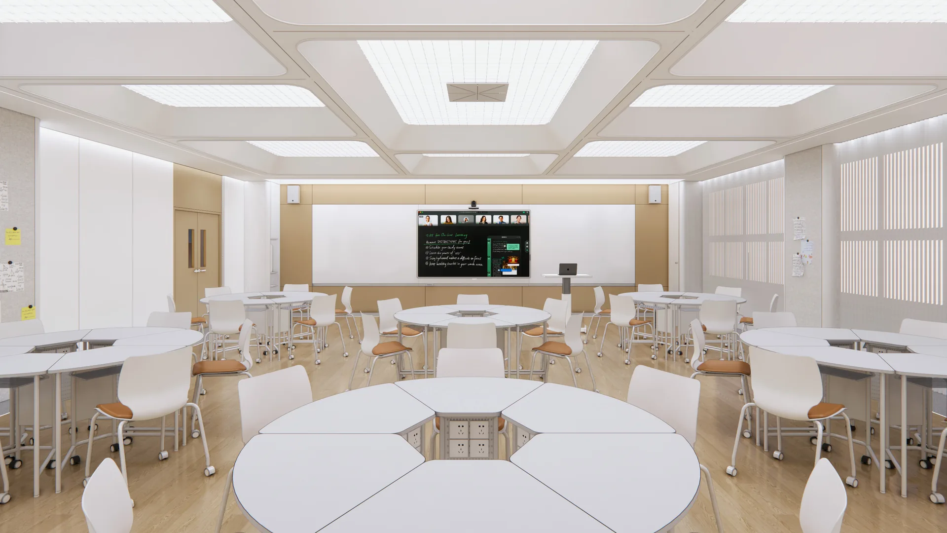 A ClassIn classroom design: a ClassIn Board at the front, a camera above it and round tables for group work.