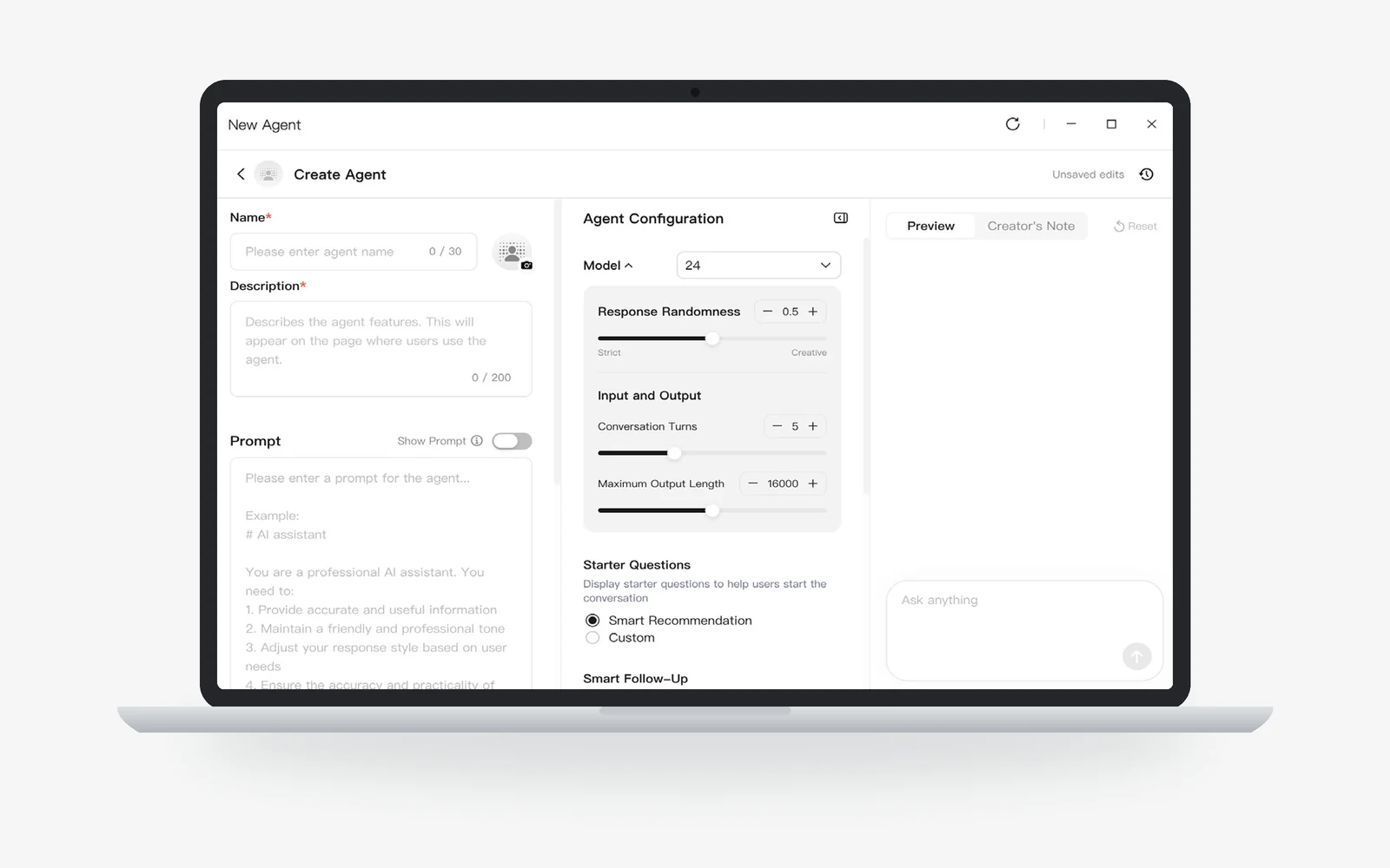 Creating a new agent in AgentIn: name, description, prompt and model settings.