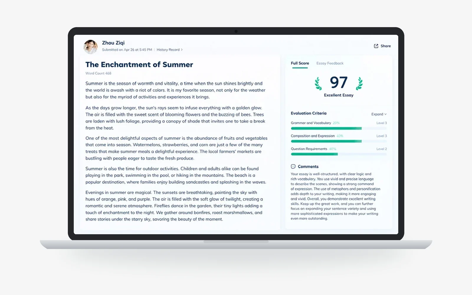 An essay in the ClassIn LMS, scored 97 with AI-assisted grading, with the evaluation criteria beside it.