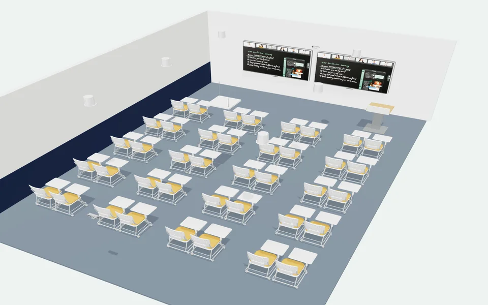 The Room Designer’s starting smart classroom in 3D: two Boards at the front and rows of writing chairs.