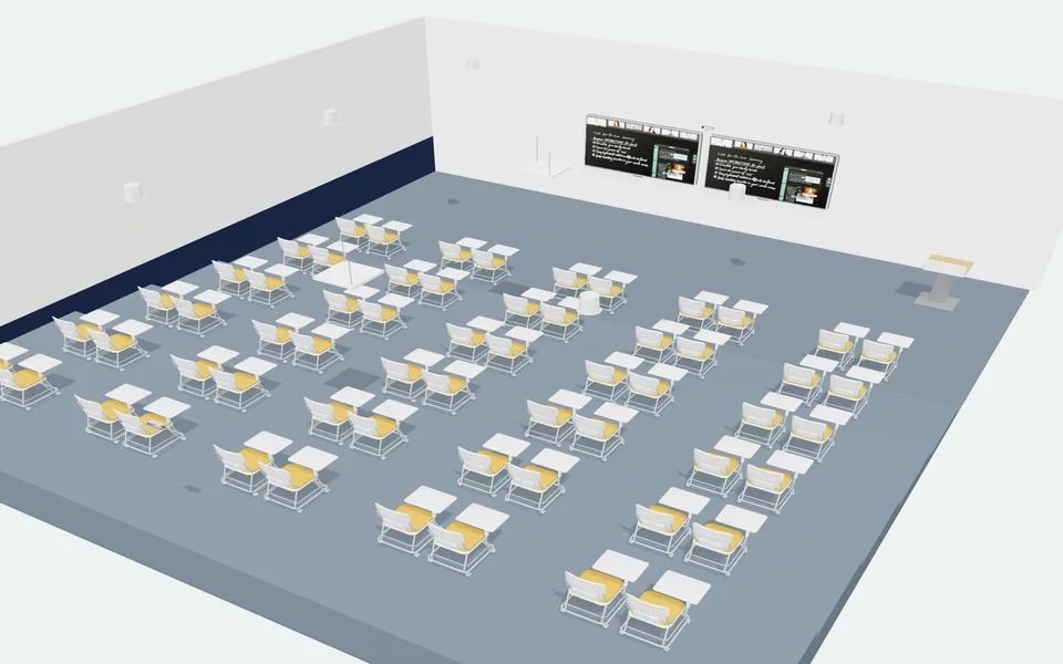 The Room Designer’s starting lecture hall in 3D: two Boards above a stage and tiered rows of seats.