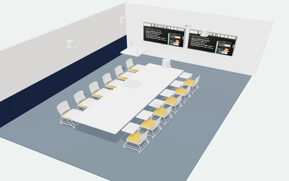 The Room Designer’s starting meeting room in 3D: two Boards at the end of one long table.