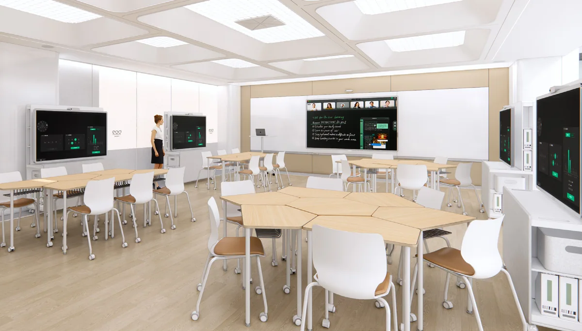 A design render of a classroom with clusters of desks, wall-mounted ClassIn Boards and a shared display.