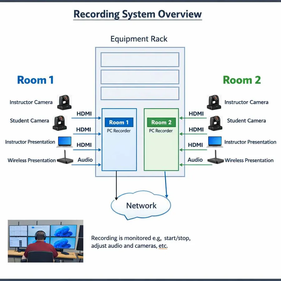ClassIn’s recording system overview: in each of two rooms, the instructor camera, student camera, instructor presentation and wireless presentation feed a PC recorder in the equipment rack, which sends to the network.