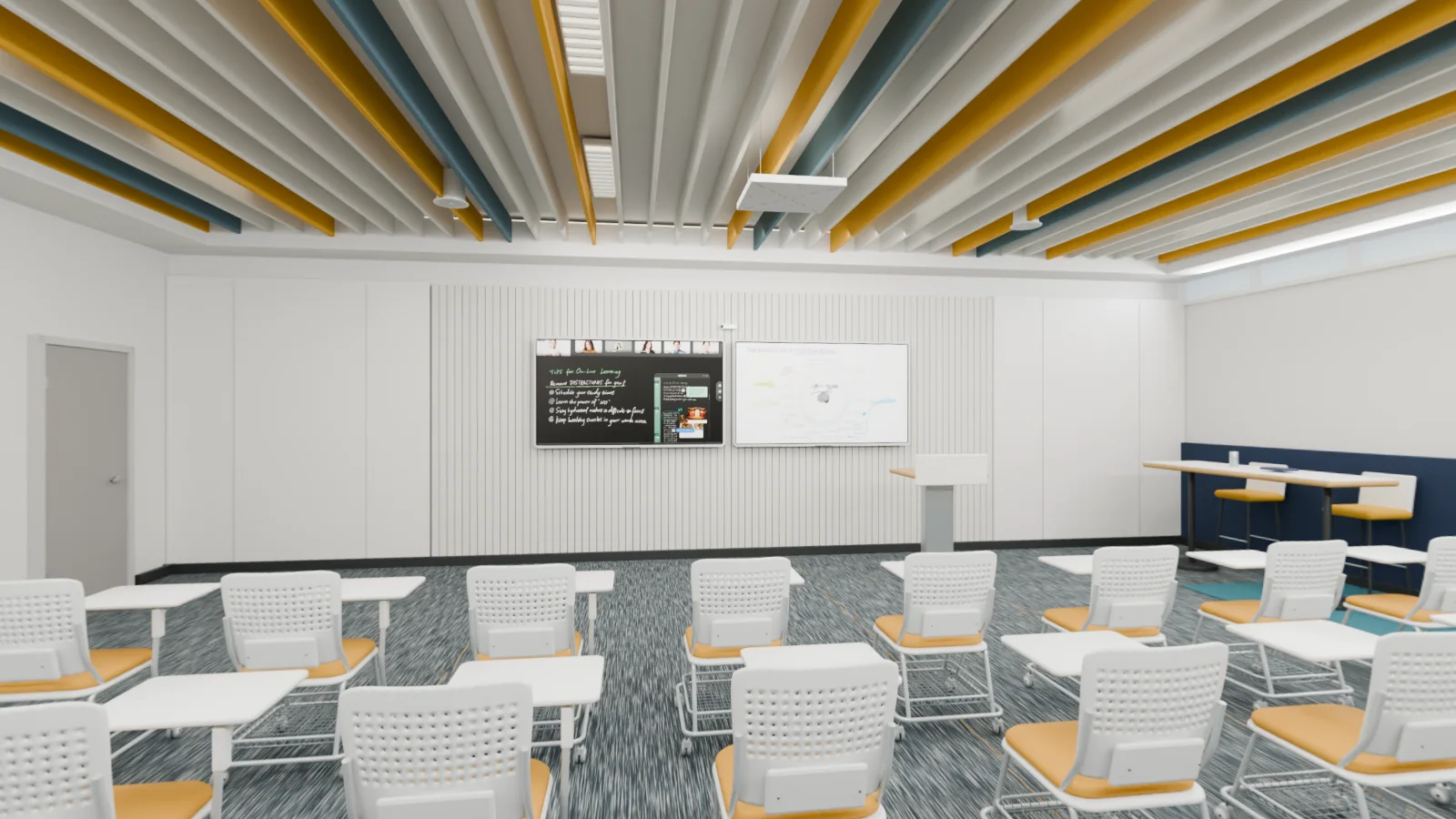 A 360-degree view of a ClassIn smart classroom from the back of the room: two ClassIn Boards on a ribbed white teaching wall with a camera above them, a ceiling microphone and speakers among blue and yellow ceiling blades, and rows of white writing chairs with yellow seats.