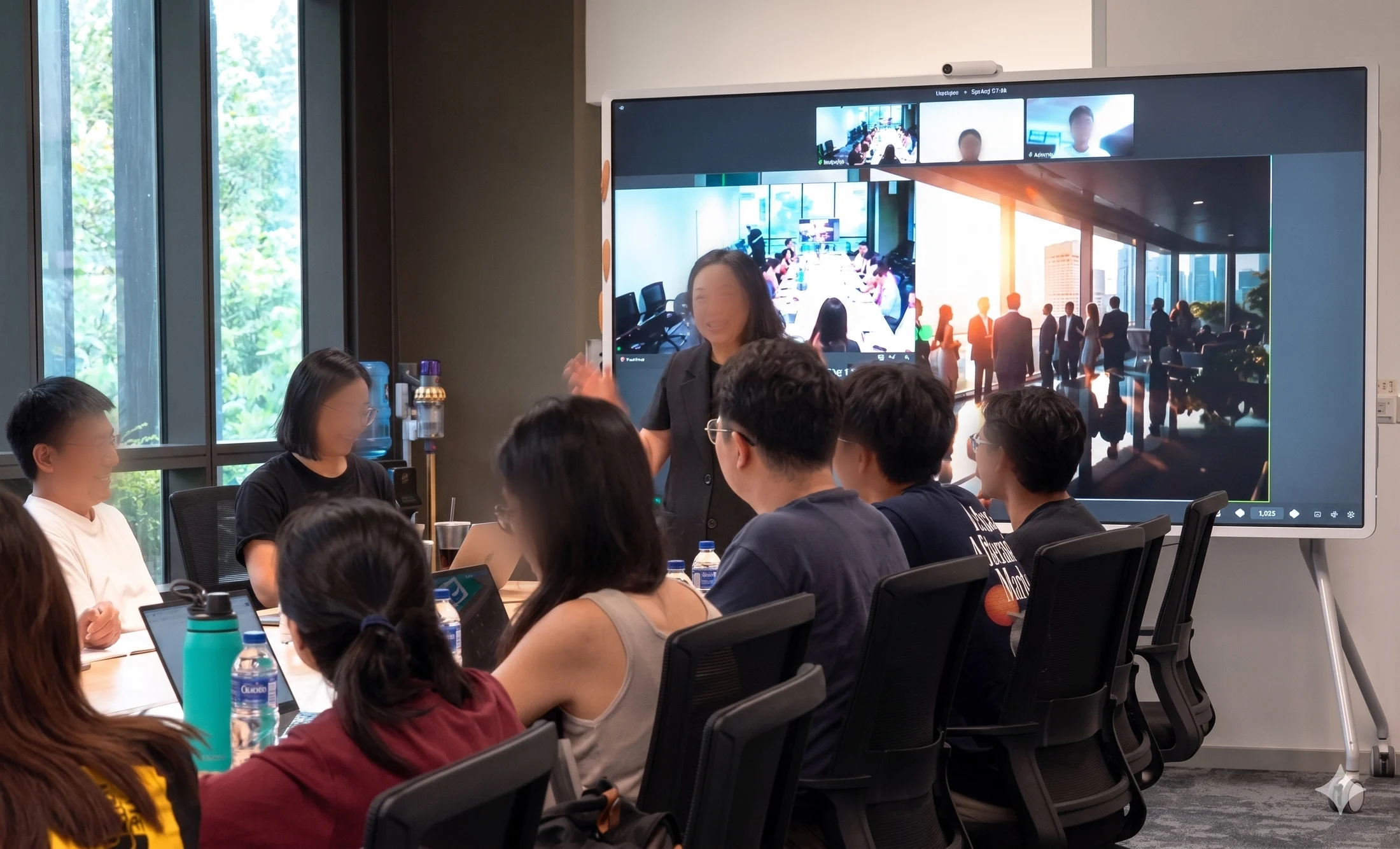 The Hybrid Classroom at CleanTech: a session around a long table, with remote participants on the ClassIn Board.
