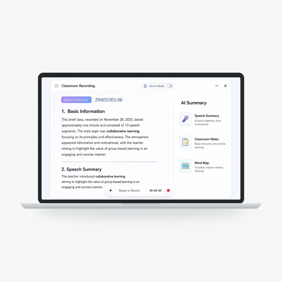 A laptop showing the ClassIn AI Summary of a recorded lesson, with Speech Summary, Classroom Notes and Mind Map.