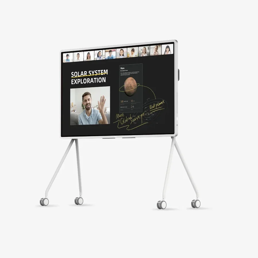 The ClassIn Board on its mobile stand, showing a solar-system lesson with students joining online along the top.