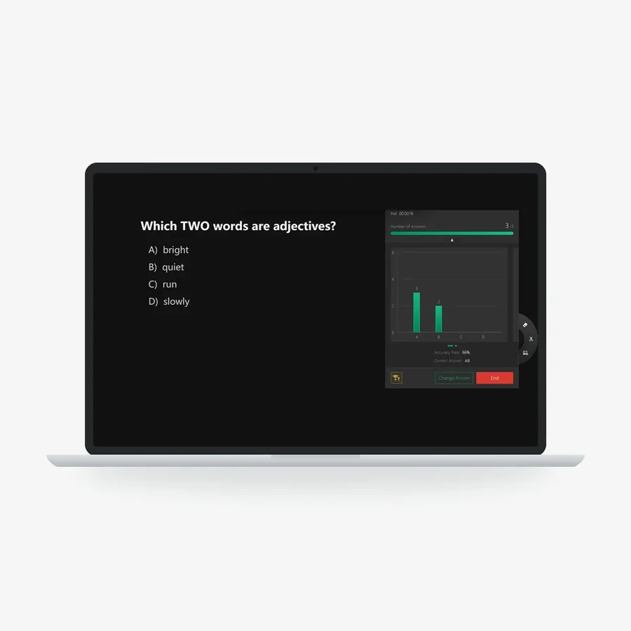 A laptop showing a ClassIn poll: the question on the left and the live results chart on the right.